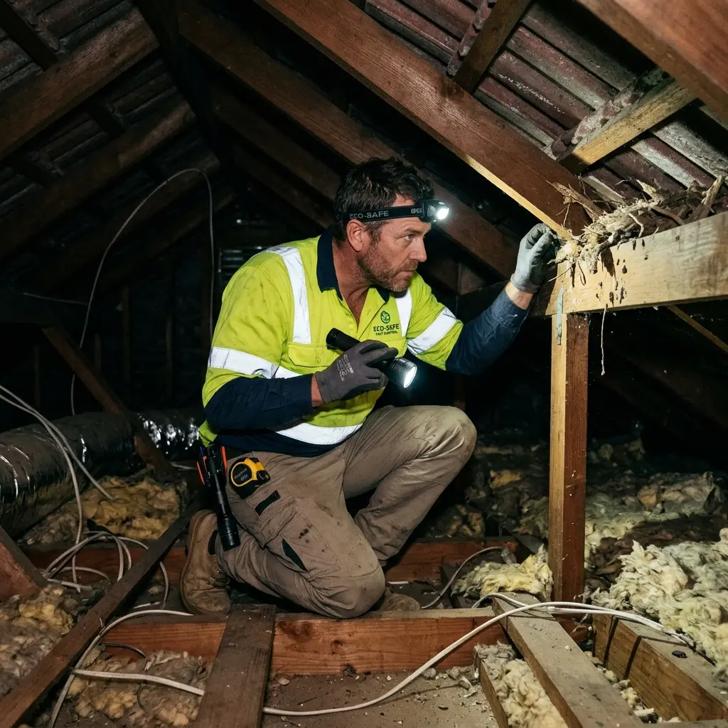 Technician inspecting a roof cavity for a dead animal in Lalor