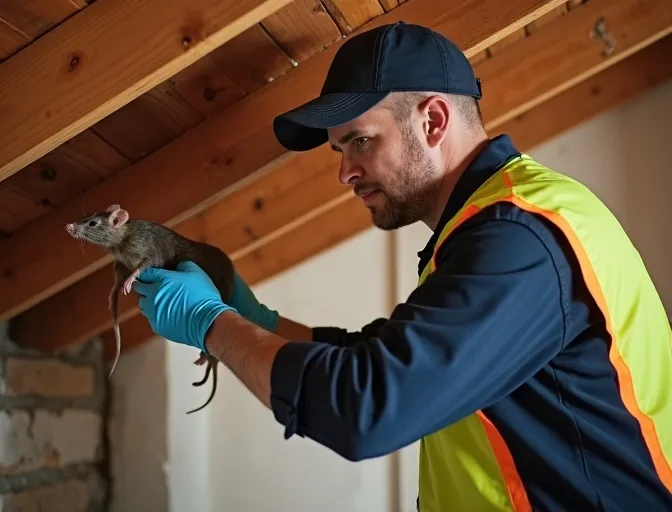 Technician inspecting a roof cavity for a dead rat in Lalor
